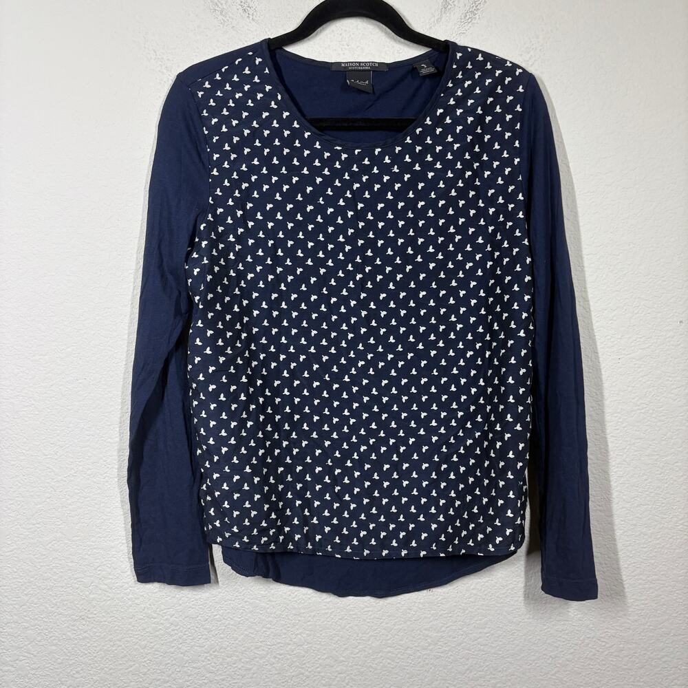 Scotch & Soda Maison Scotch 2/Medium Crew Neck Top Navy Cotton Long Sleeves